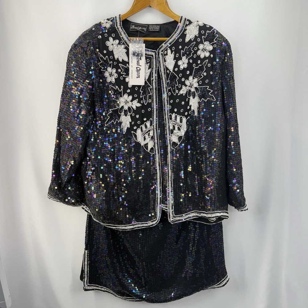 Vintage Jewel Queen 3 PC‎ Silk Beaded Sequin Skirt Set Jacket Top XL NWT